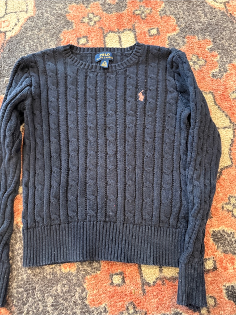 Polo by Ralph Lauren Navy Cable Crewneck Sweater with Pink Pony